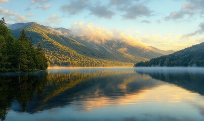 Serene golden sunrise over a misty mountain lake with forested shores and mirror-like reflections, evoking calm and peaceful stillness