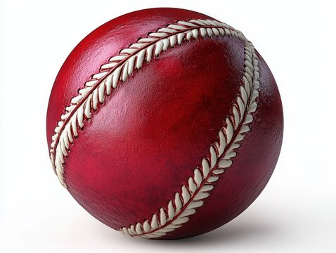 close-up of a scuffed red leather cricket ball with prominent white stitched seam on a white background, evoking nostalgia and rugged sporting heritage - Powered by Adobe