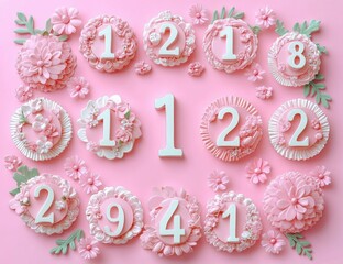 Flat lay of pastel pink floral decorated cookies with white numeral toppers arranged around a central large 1, delicate icing flowers and green leaves conveying joyful celebratory mood