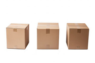 Three identical cardboard boxes arranged in a row against a clean white background. their uniformity and packaging design. ideal for logistics and shipping visuals