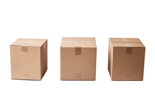 Three identical cardboard boxes arranged in a row against a clean white background. their uniformity and packaging design. ideal for logistics and shipping visuals