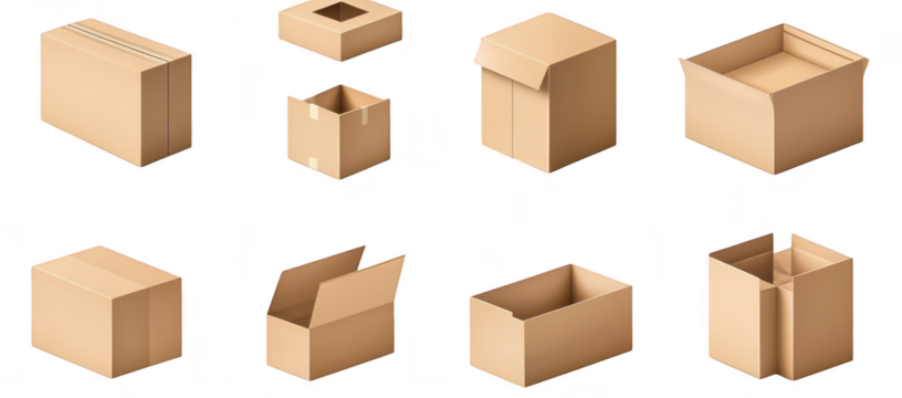 A collection of various cardboard boxes in different shapes and sizes. their potential for packaging. storage. and shipping. set against a clean. white background