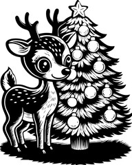 SVG cute Merry Christmas and Happy New Year design. Cute Cartoon Reindeer with Christmas Tree and Ornaments Design