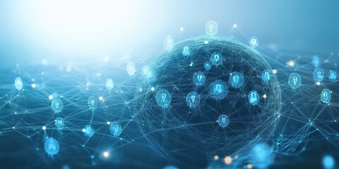 glowing blue digital globe formed by a mesh of light with interconnected nodes and lock icons, evoking a secure global network and futuristic technological connectivity