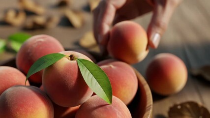 Female hand carefully placing a fresh ripe peach into a wooden bowl. Summer harvest of organic juicy fruits on a rustic table for a healthy diet or natural dessert