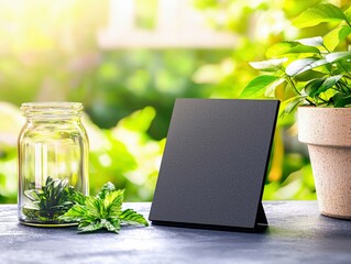 A blank black sign stands on a dark surface next to a glass jar with mint sprigs and a potted plant, with a blurred green background.