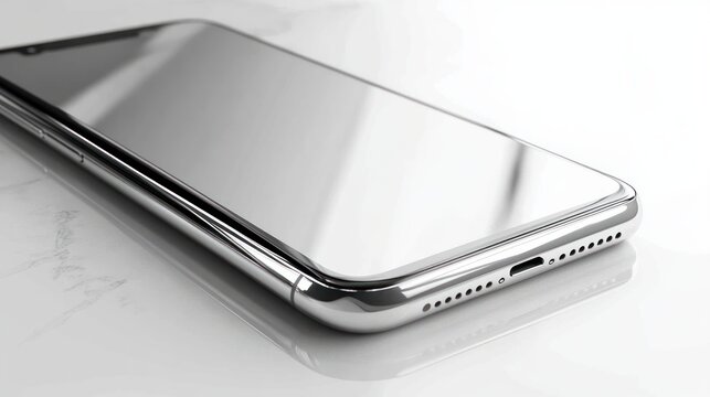 sleek reflective smartphone with chrome edges, visible charging port and speaker holes resting on a white marble surface, minimalist and sophisticated mood