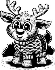 Obraz premium SVG cute Merry Christmas and Happy New Year design. Cute Cartoon Deer in Sweater with Happy Expression and Antlers