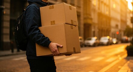 Delivering Convenience: A delivery person strides confidently down a sun-kissed street, carrying packages that bring convenience and connection.