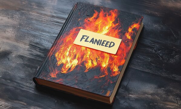 Hardcover book with a flaming, charred cover and a yellow handwritten sticky note reading 'FLANIEED' resting on a dark textured table, evoking urgency and danger