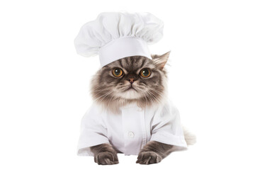 A fluffy gray cat wearing a chefs hat and white coat. posing confidently on a clean white background. its culinary flair. ideal for pet-themed cooking content
