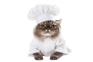 A fluffy gray cat wearing a chefs hat and white coat. posing confidently on a clean white background. its culinary flair. ideal for pet-themed cooking content