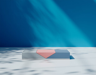 White product box mockup with pink geometric shape on blue wavy background