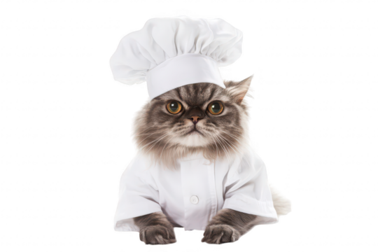 A fluffy gray cat wearing a chefs hat and white coat. posing confidently on a clean white background. its culinary flair. ideal for pet-themed cooking content