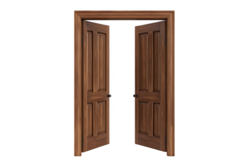 A beautifully crafted pair of wooden doors. slightly ajar. set against a clean white background. symbolizing opportunity and transition. ideal for design and architectural themes