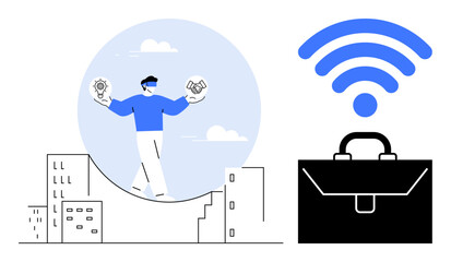 Man balancing light bulb and handshake above cityscape, briefcase with wireless signal. Ideal for business, innovation, collaboration, technology, connectivity, remote work, strategic planning