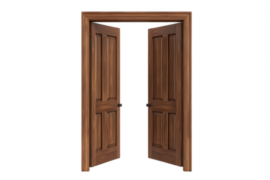 A beautifully crafted pair of wooden doors. slightly ajar. set against a clean white background. symbolizing opportunity and transition. ideal for design and architectural themes