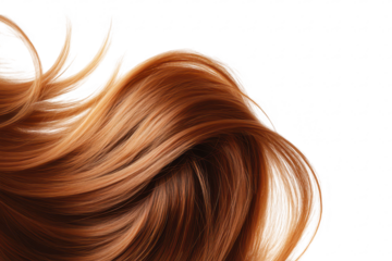 Vibrant flowing strands of silky auburn hair against a soft white background. the natural texture and movement. ideal for beauty and haircare promotional use