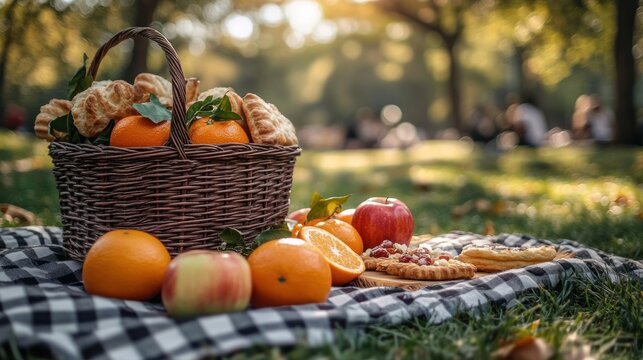 wicker picnic basket of croissants and oranges on a black and white checkered blanket with apples, sliced orange and pastries on a wooden board in a sunlit park, warm cozy relaxed mood