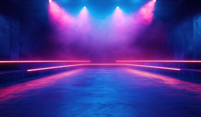 Empty futuristic neon-lit stage and runway with pink and blue spotlights, fog and glowing horizontal light bars over a reflective floor creating a moody anticipatory atmosphere
