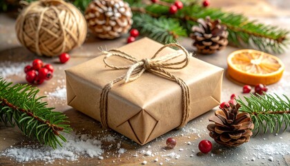 “A rustic holiday gift wrapped in kraft paper with twine, surrounded by pinecones, berries, and evergreen.”