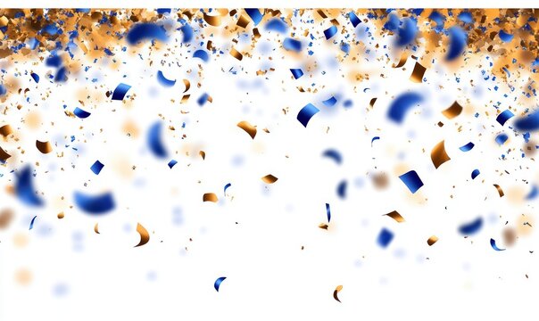 blue and gold confetti and ribbon pieces falling against a bright white background, joyful festive mood