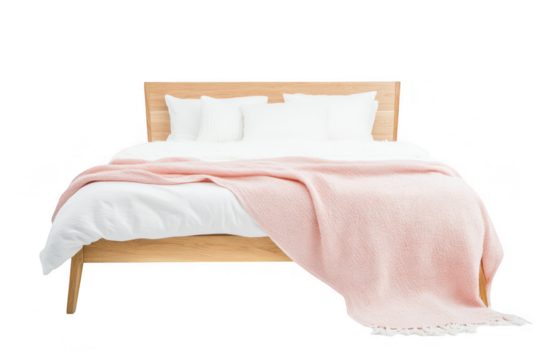 A cozy. inviting bedroom scene featuring a neatly made bed with a soft pink blanket draped over it. surrounded by fluffy pillows. set against a minimalist white background. perfect for home decor insp