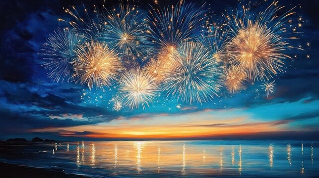 golden and blue fireworks bursting over a tranquil ocean at sunset with glowing reflections on calm water and a silhouetted coastline, evoking celebration and awe - Powered by Adobe