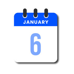 Flat vector calendar icon for January 6 with blue header, modern minimalist design for UI use.