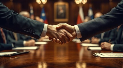 Two suited professionals shaking hands across a polished conference table in a formal meeting room, conveying agreement, trust and partnership during a negotiation