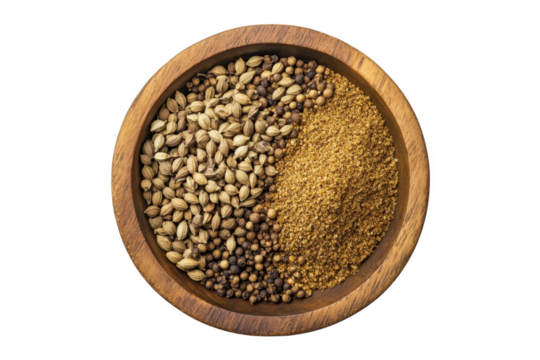 A beautifully arranged wooden bowl filled with a variety of spices. coriander seeds. mustard seeds. and ground spices. perfect for culinary use or food photography