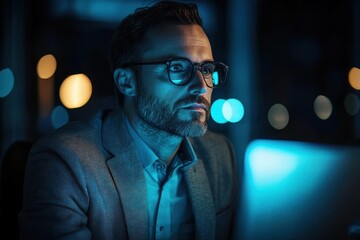 Man in suit jacket working late at computer with blue screen glow and city bokeh, focused and contemplative mood