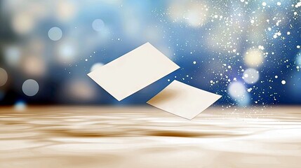 Two blank cream-colored cards float in the air against a blurred background of blue bokeh lights and sparkling particles.