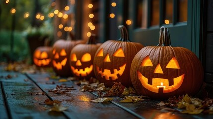 Fototapeta premium row of glowing carved jack o lanterns on a leaf-strewn wooden porch with warm string lights creating a cozy spooky autumn atmosphere