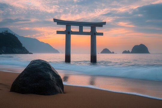 wooden torii gate standing in shallow sea at dawn on a sandy beach with a large foreground rock, distant rocky islets and pastel sunrise sky, tranquil contemplative mood
