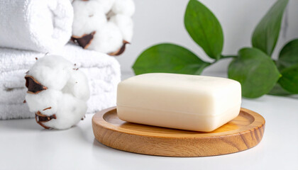 Natural Soap Displayed on a Stone with Greenery in a Minimalist Setting, Featuring Soft Natural Light and a Tranquil Background