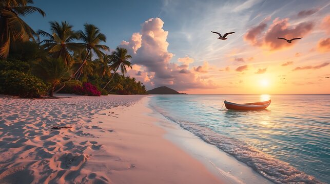 Coral Coast Serenity: Peaceful Tropical Beach with White Sand and a Single Boat at Sunset