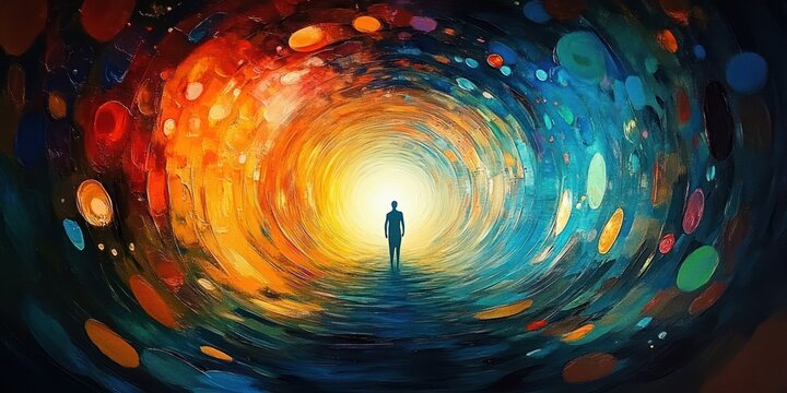 Solitary silhouette walking through a colorful swirling tunnel toward a bright central light, evoking hope, contemplation, and transcendence - Powered by Adobe