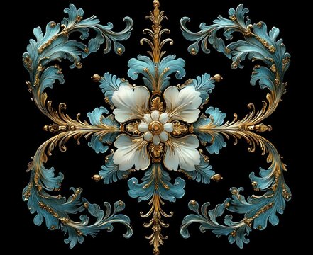 Luxurious symmetrical gold and teal baroque floral medallion with cream central flower and ornate acanthus scrollwork on black background, elegant and opulent - Powered by Adobe