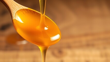 oligarchy. Golden honey dripping from a wooden spoon against a natural wood background. menu design, packaging mockups, designed for culinary blogs and recipe cards for restaurants.