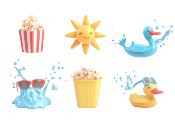 Colorful and playful 3D render featuring a sunny theme with popcorn. a cheerful sun. a blue duck splashing in water. and fun sunglasses. ideal for summer-themed designs or childrens media