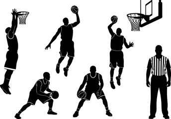 Basketball players and referee silhouettes set, action poses including dunking, shooting, and dribbling, sports game vector illustration collection isolated © Kupen