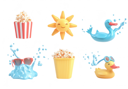 Colorful and playful 3D render featuring a sunny theme with popcorn. a cheerful sun. a blue duck splashing in water. and fun sunglasses. ideal for summer-themed designs or childrens media