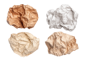 Four crumpled paper balls brown, white, and tan hues