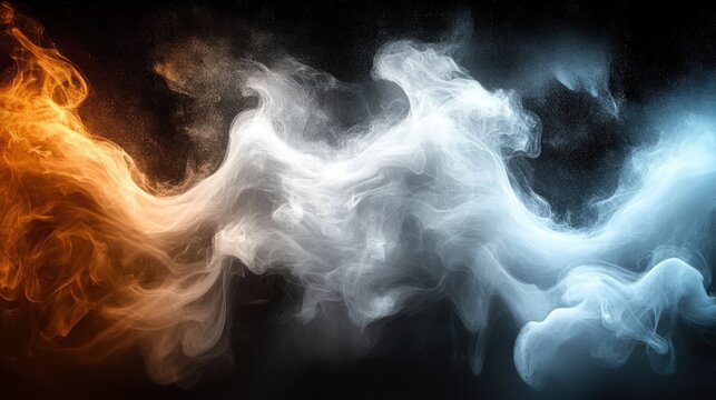 orange and blue smoke plumes merge into white mist over a dark background, swirling and flowing with dynamic tension and calm balance - Powered by Adobe