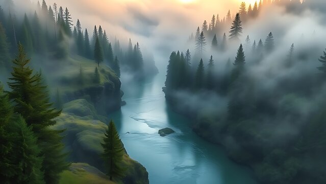 emerald. Misty river valley at dawn with emerald water flowing through dense fir forests. travel magazines, destination branding, designed for outdoor magazines and nature guides.
