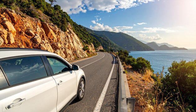car driving on the road of europe. road landscape in summer. it's nice to drive on the beach side highway. Highway view on the coast on the way to summer vacation. Spain trip on beautiful travel road.