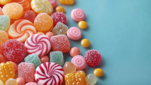 Assorted colorful candies: sugar-coated gumdrops, swirled peppermint discs, pastel round sweets and chewy jelly pieces scattered on a turquoise surface, playful joyful mood - Powered by Adobe
