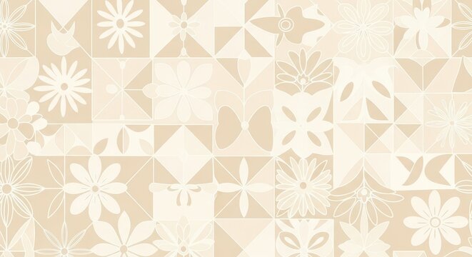 Neutral toned geometric pattern featuring stylized floral tile motifs creates a continuous background.