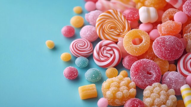colorful assortment of round swirl hard candies, sugar-dusted gummy rings, jelly drops and small chewy sweets on a turquoise background, playful and tempting